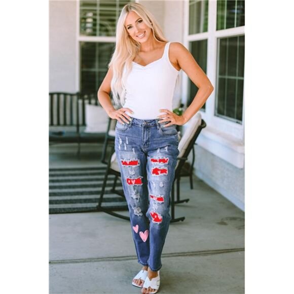 Heart Distressed Jeans with Pockets - Picture 4 of 4